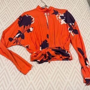 Free People Floral Print Women's Top - Orange & Aubergine, size XS